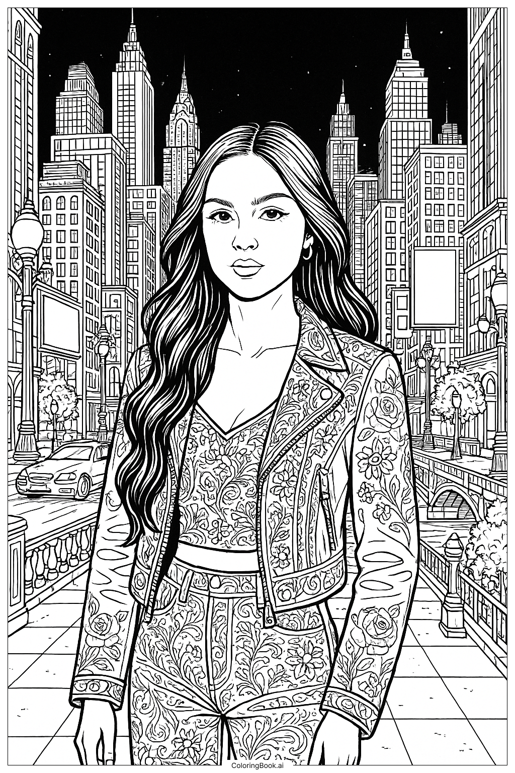  Olivia Rodrigo In A Detailed Cityscape At Night Coloring Page 