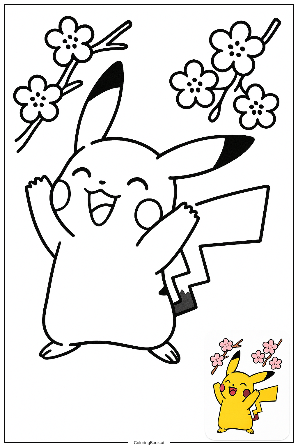  Pikachu Stretching Under Cherry Blossom Coloring Page 