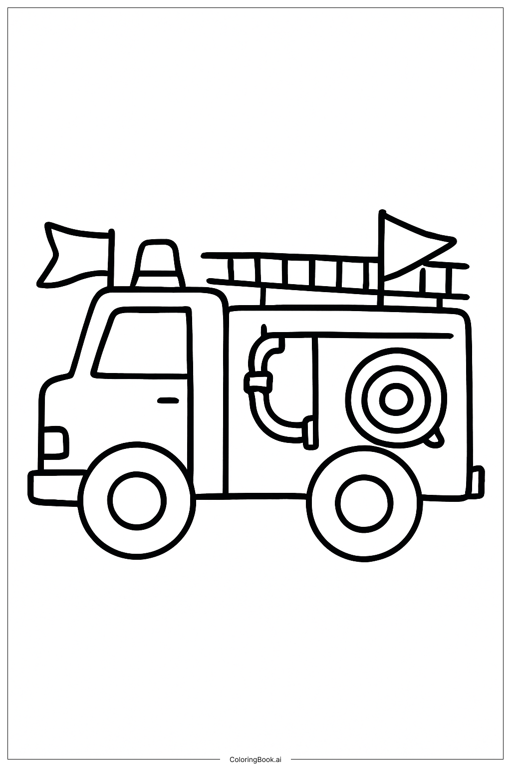  Page de coloriage Camion de pompiers décoré avec des drapeaux 