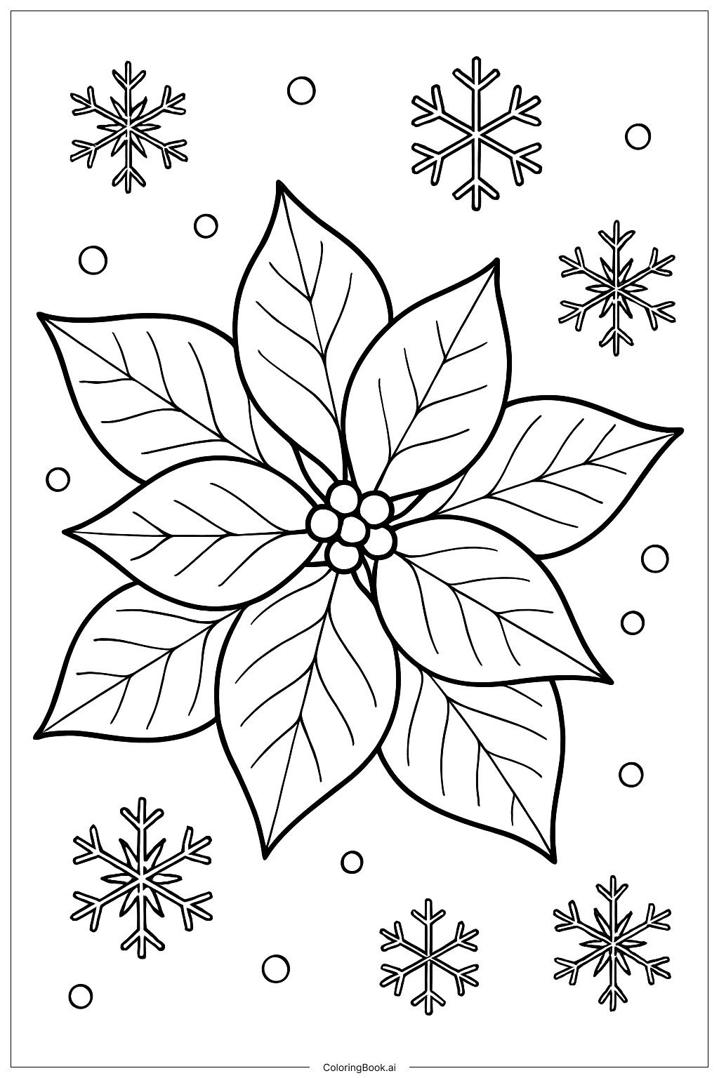 Poinsettia With Snowflakes Falling Coloring Page