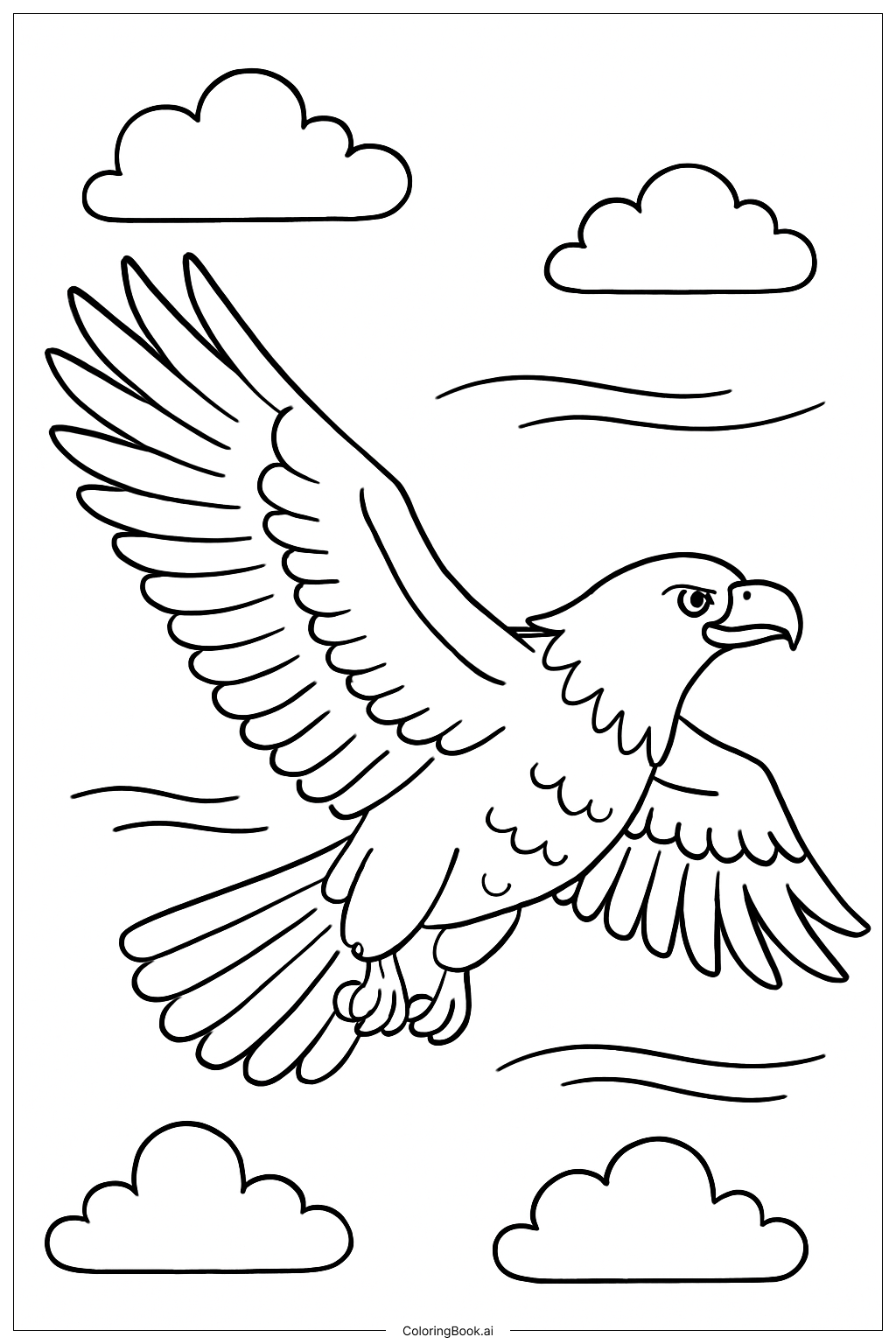 Página para colorir de Águia Planando com Nuvens