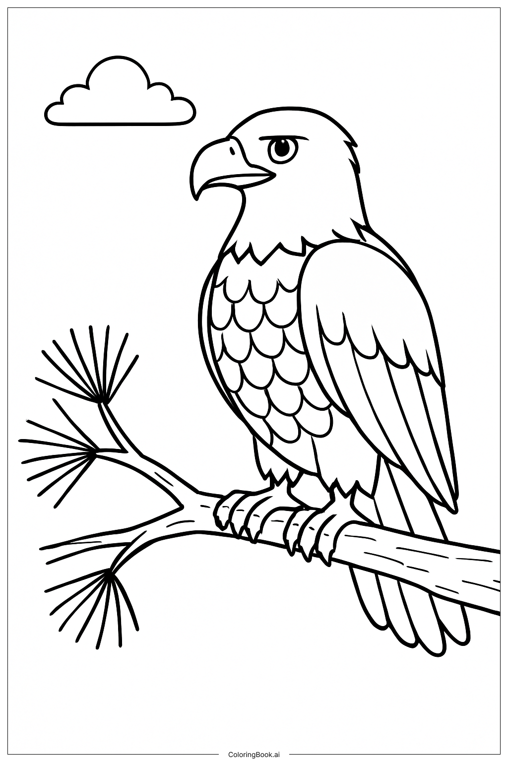 Página para colorir de Águia Empoleirada em Galho de Pinheiro