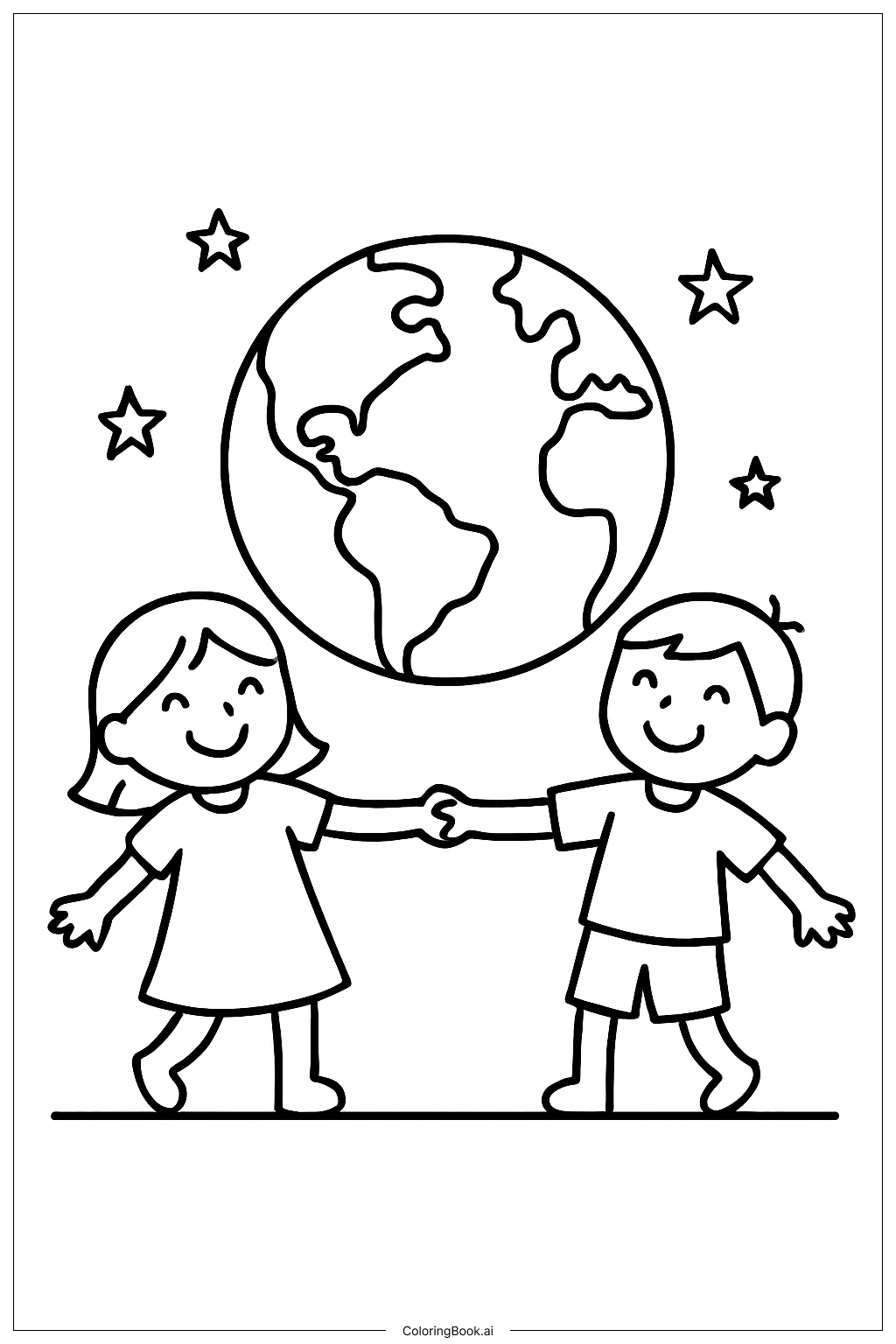  Page de coloriage La Terre et les Enfants Heureux 