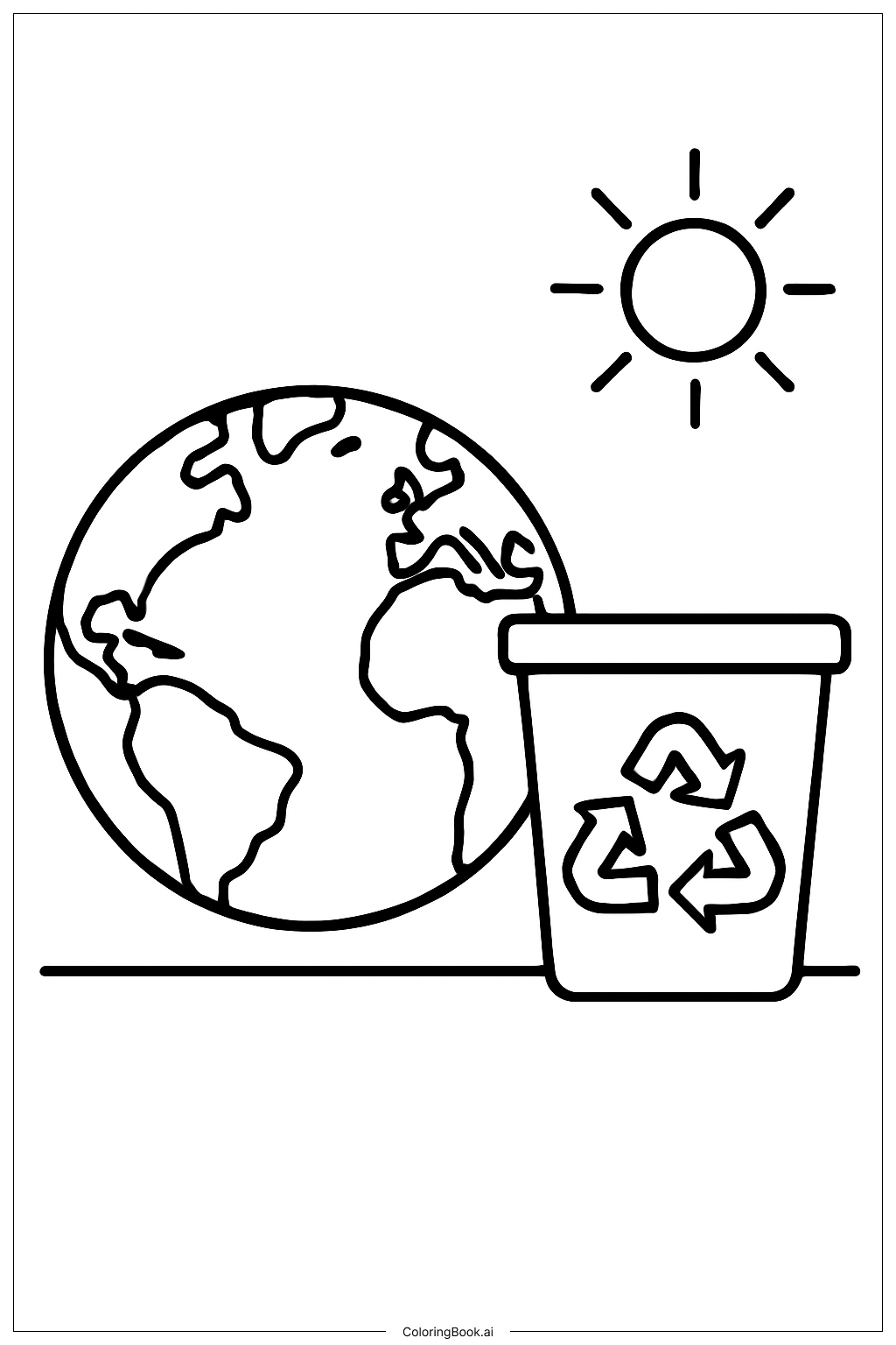  Page de coloriage La Terre et la poubelle de recyclage 