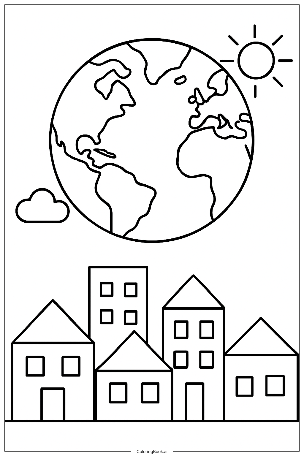  Page de coloriage La Terre au-dessus de la ligne d'horizon de la ville 