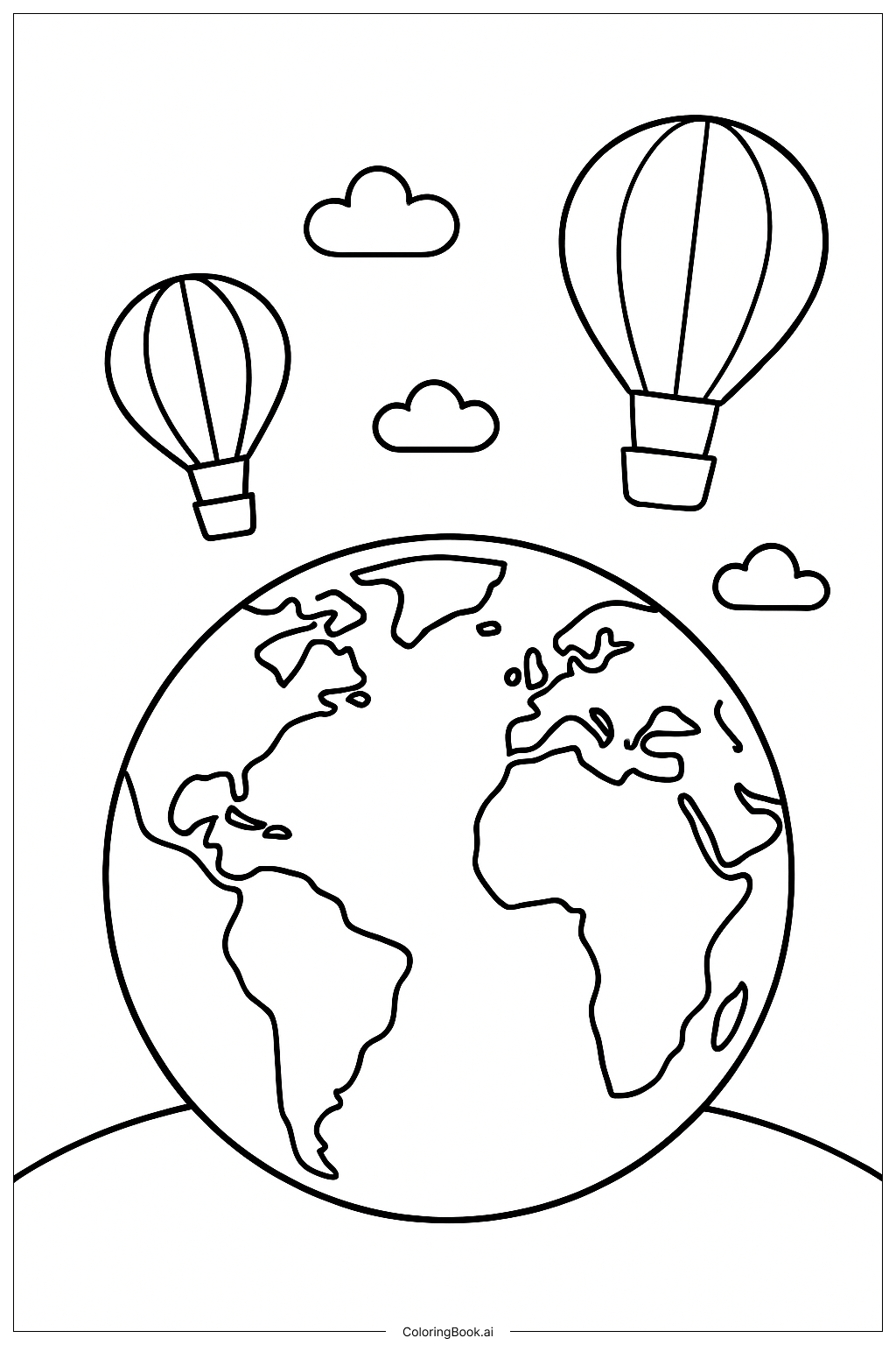  Page de coloriage La Terre avec des montgolfières 
