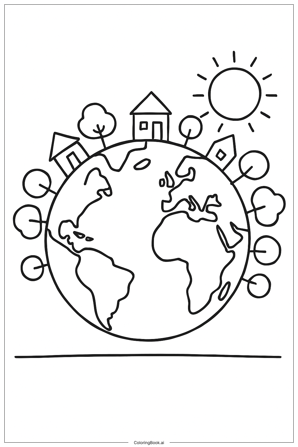  Page de coloriage Terre avec des Maisons et des Arbres 