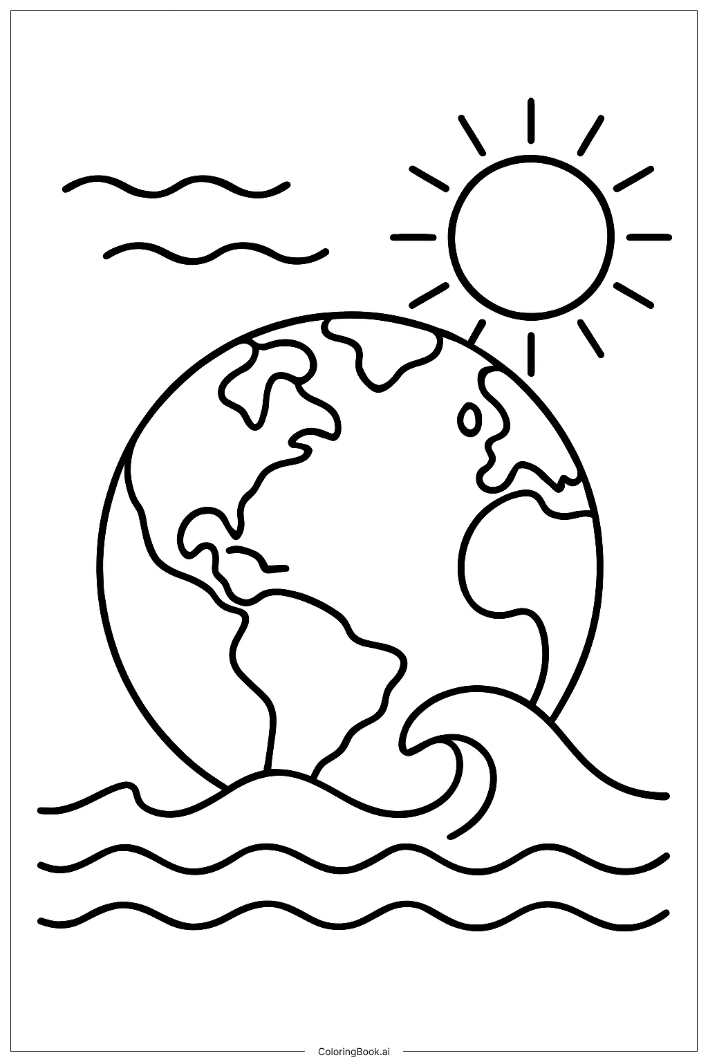  Page de coloriage Terre avec des vagues océaniques 