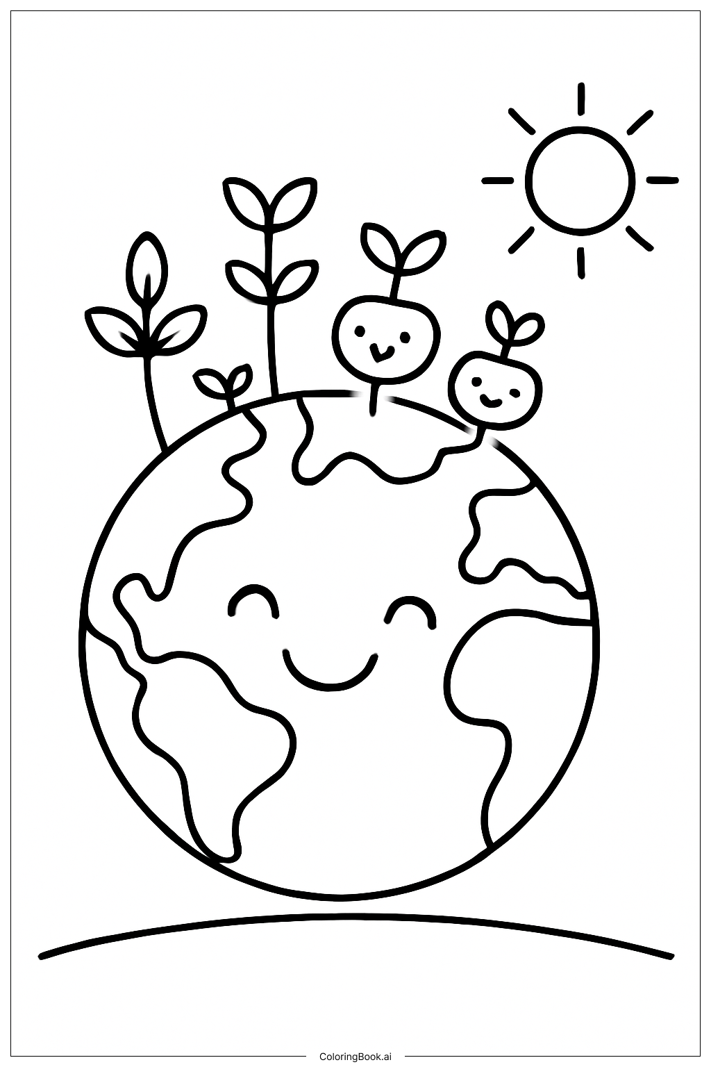  Page de coloriage La Terre avec des Plantes Souriantes 