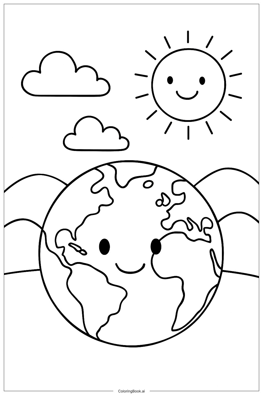  Page de coloriage Terre avec Soleil et Nuages 