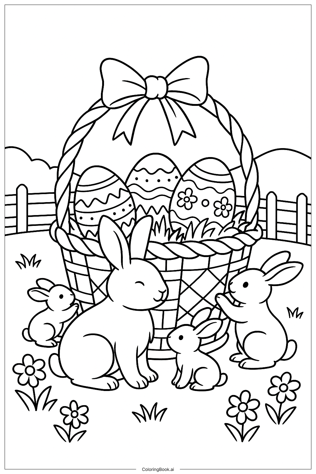 Página para colorir de Cesta de Páscoa e Família de Coelhinhos
