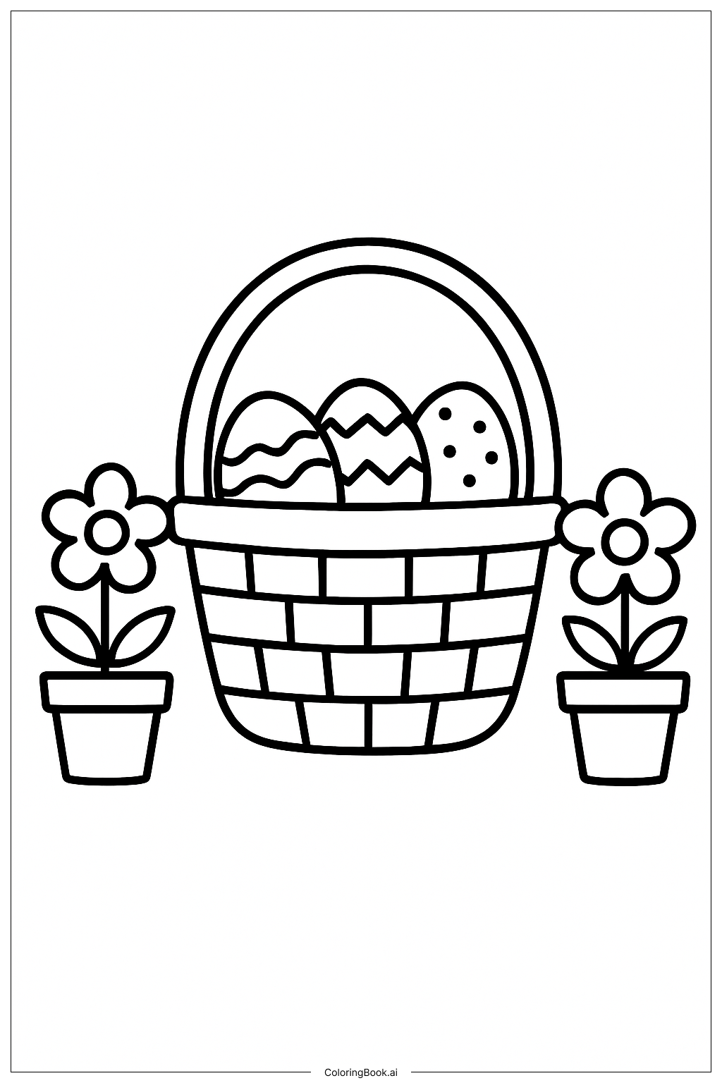  Page de coloriage Panier de Pâques et Pots de Fleurs 