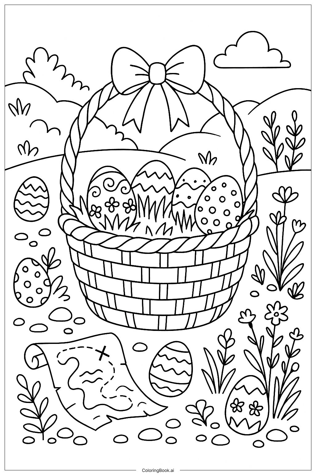 Page de coloriage Panier de Pâques et Trésor Caché