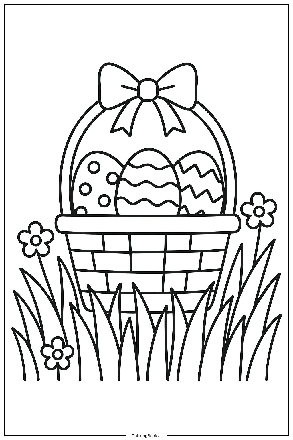 Page de coloriage Panier de Pâques et Herbe Haute