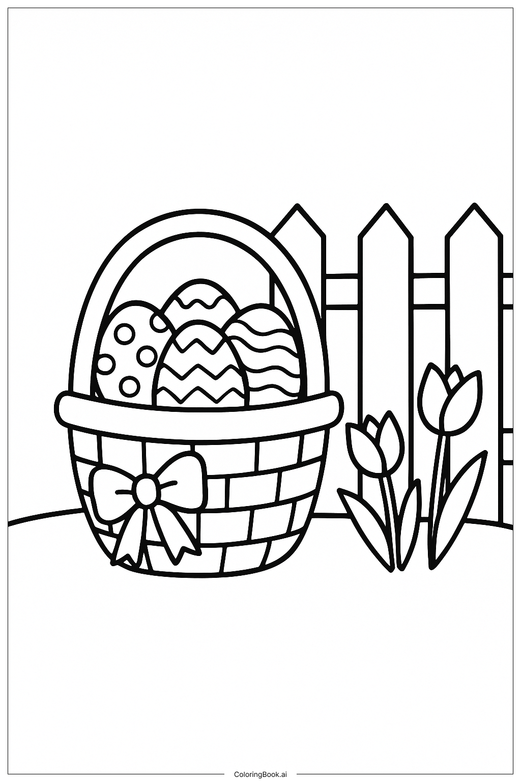  Page de coloriage Panier de Pâques au jardin 