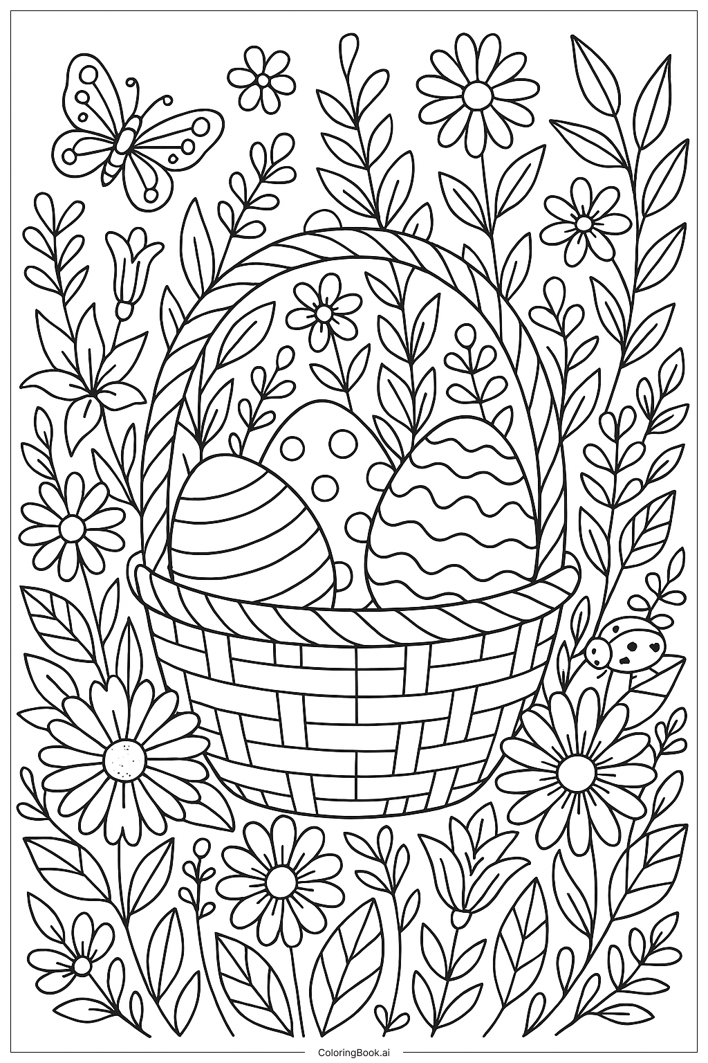 Página para colorir de Cesta de Páscoa no Jardim de Flores
