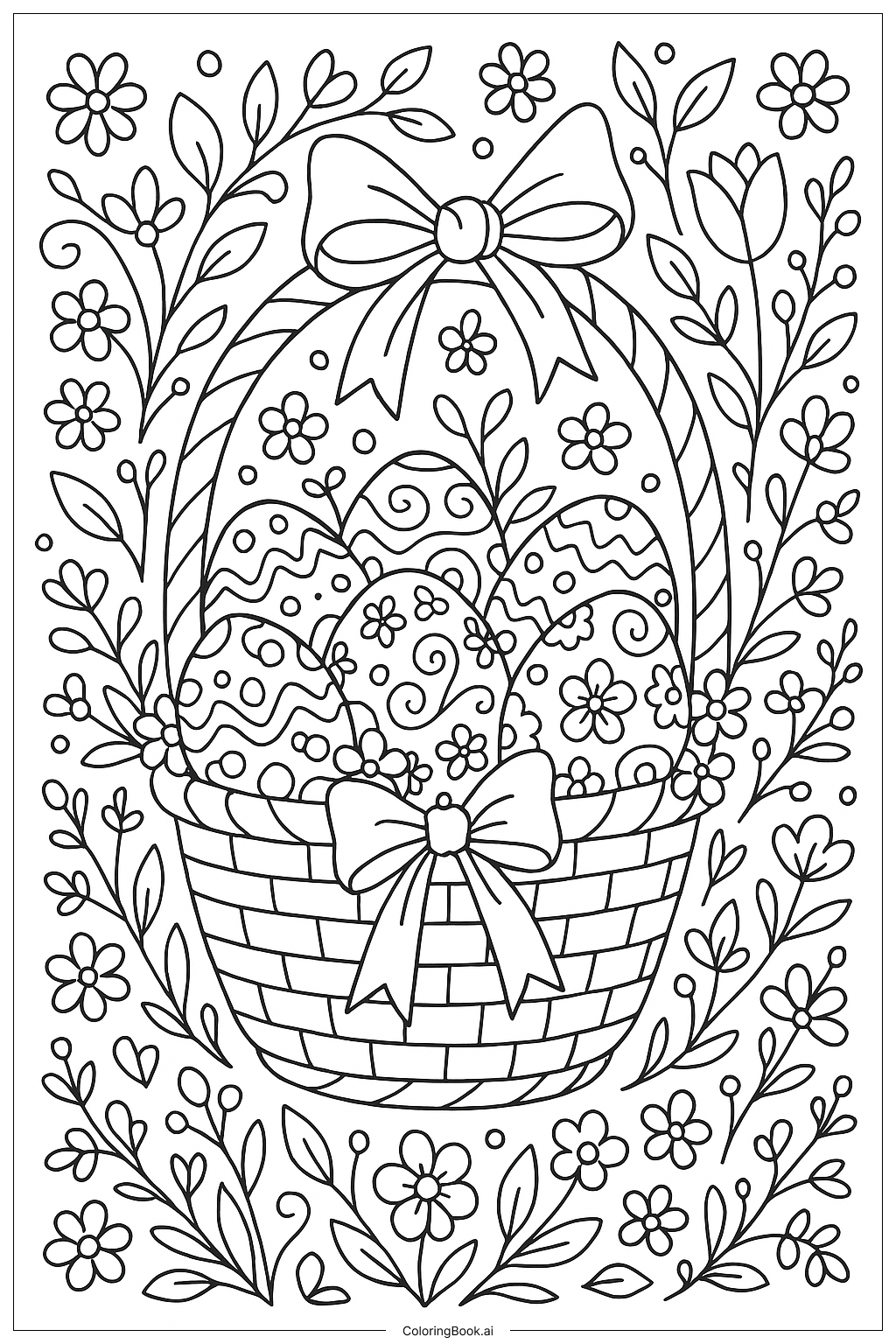 Página para colorir de Cesta de Páscoa com Fitas Decorativas