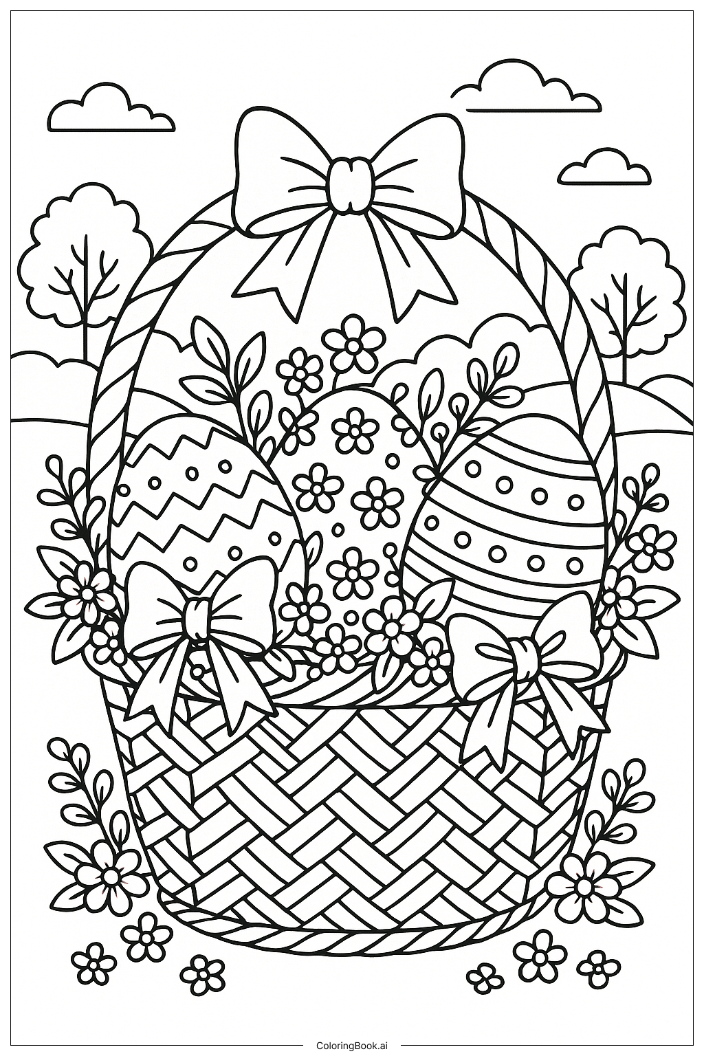  Page de coloriage Panier de Pâques Avec Tissage Décoratif 