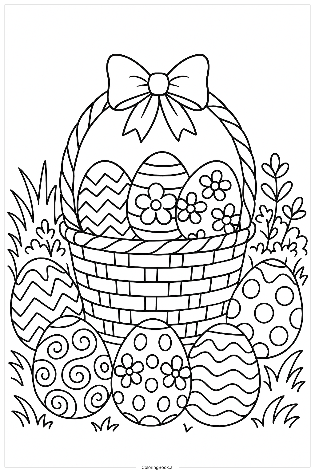 Página para colorir de Cesta de Páscoa com Ovos Decorados