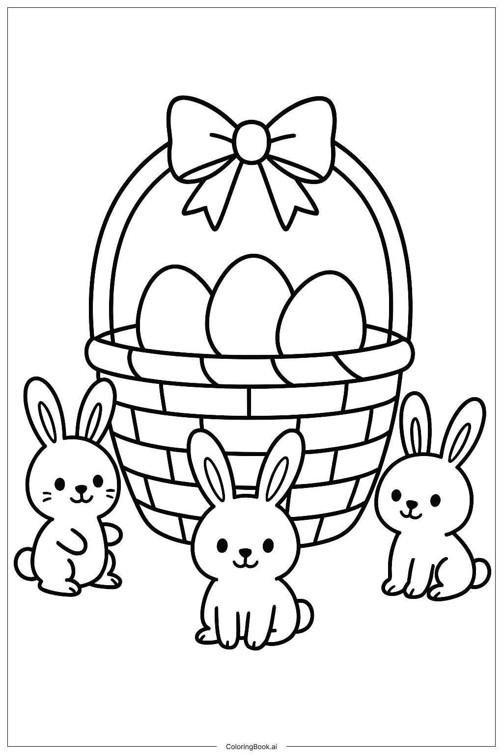 Page de coloriage Panier de Pâques avec Trois Lapins