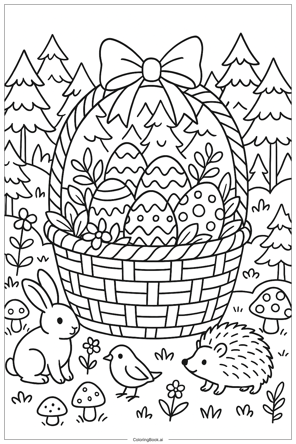 Page de coloriage Panier de Pâques avec Scène Forestière