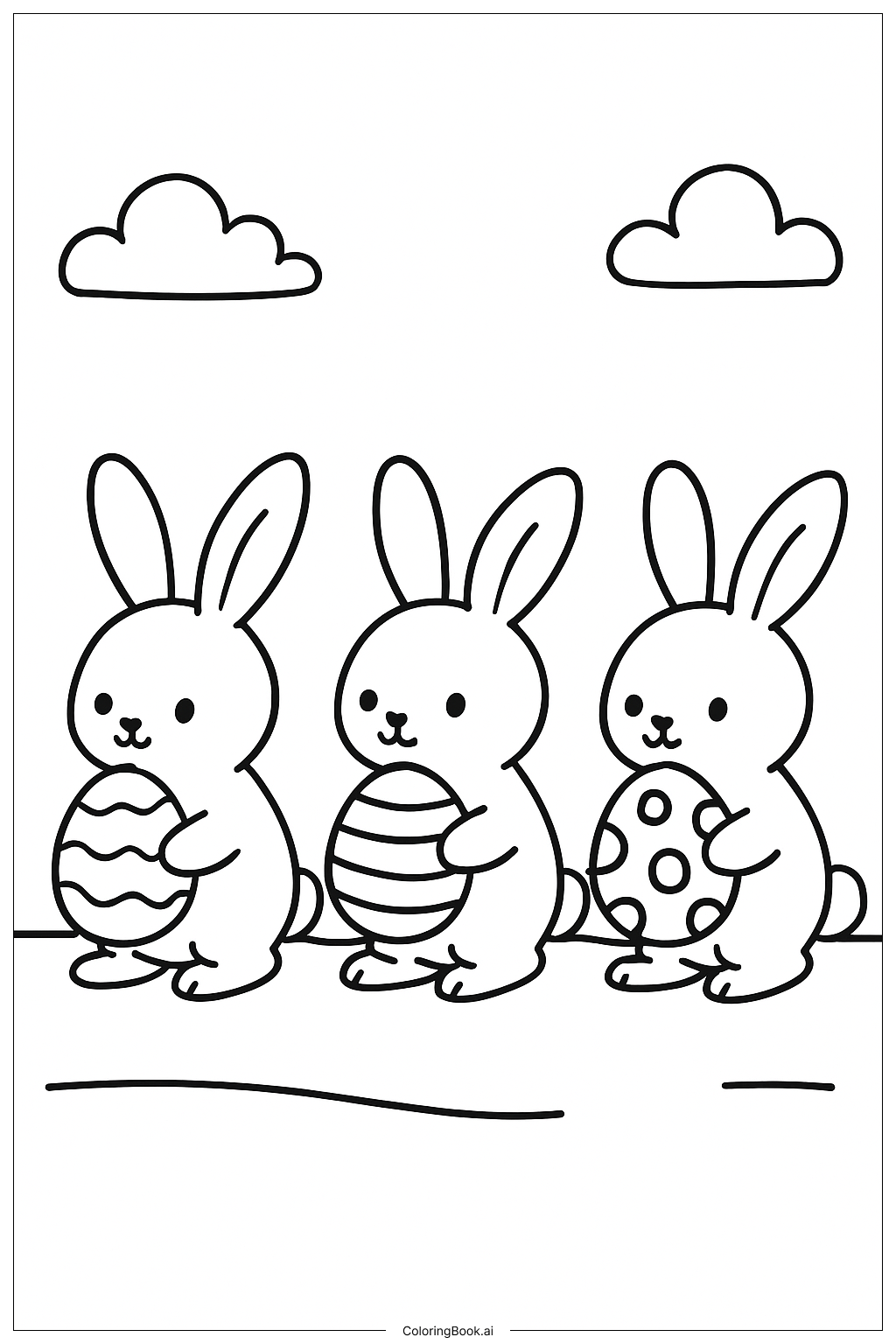  Página para colorear de Desfile de huevos de Pascua con conejitos 