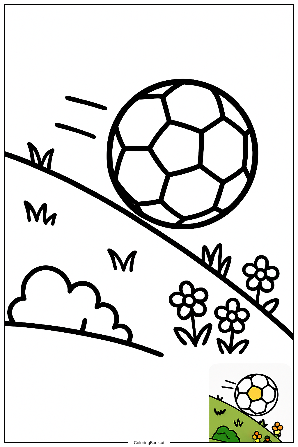  Page de coloriage Ballon de football roulant sur une colline 