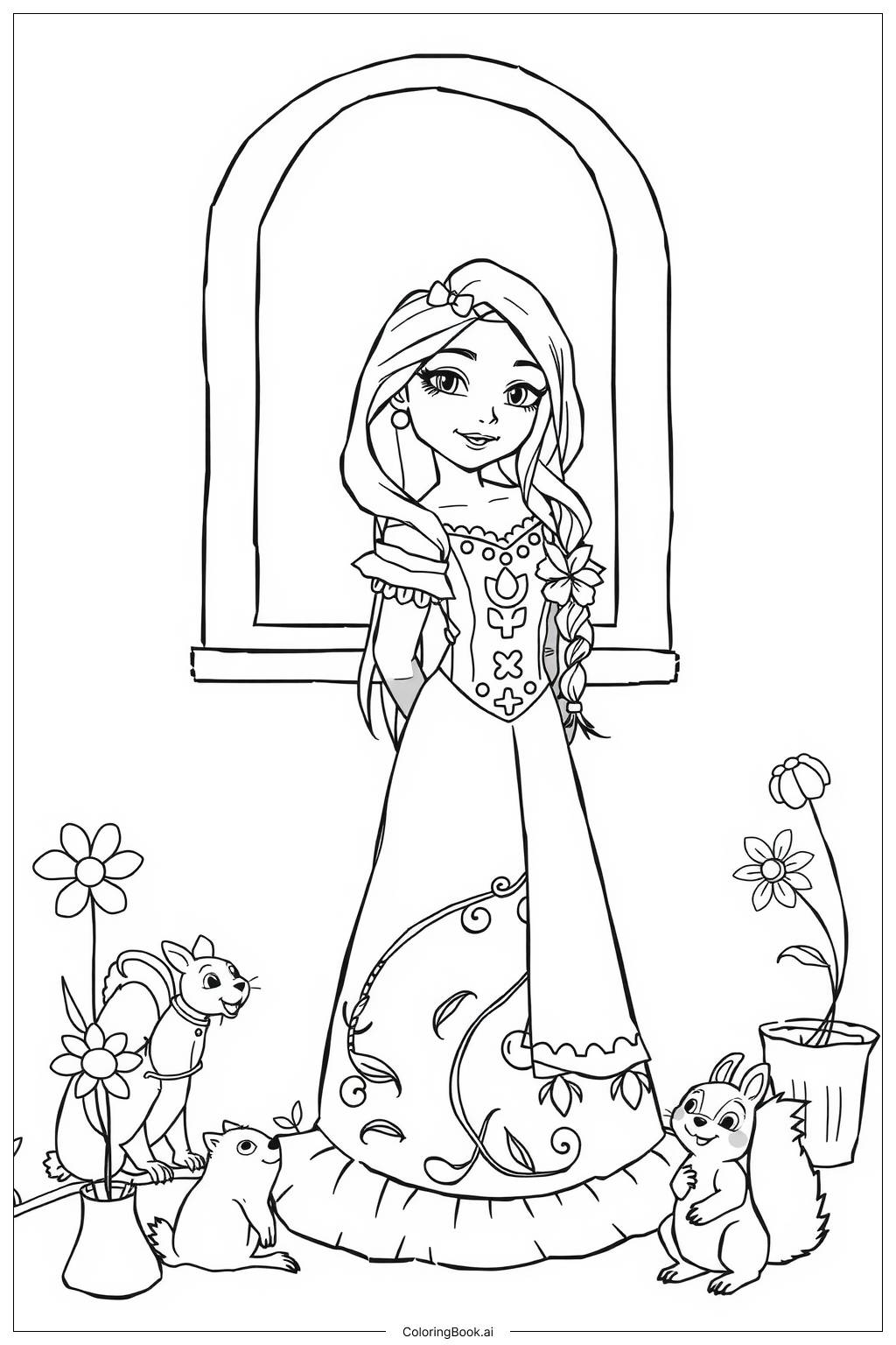  Página para colorir de A Amizade de Rapunzel com os Animais 