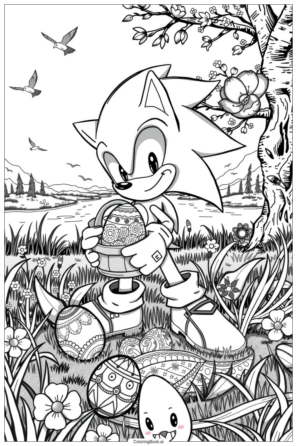  Página para colorir de sonic celebrando a Páscoa com uma cesta de ovos 