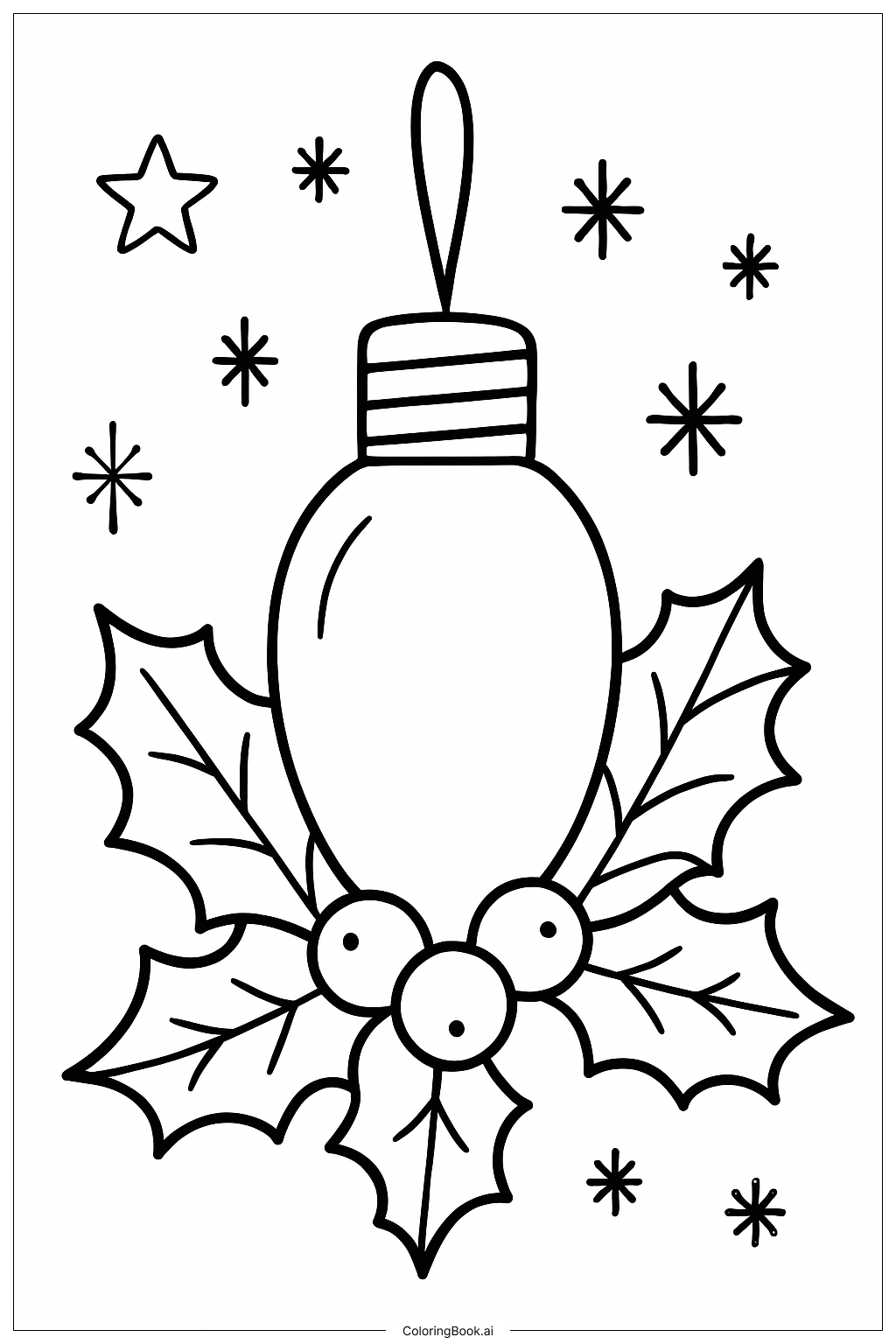  호랑가시나무 열매가 장식된 크리스마스 전구 색칠공부 페이지 