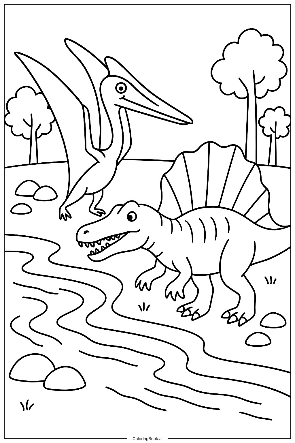  Página para colorir de Quetzalcoatlus e um Spinosaurus na margem do rio 