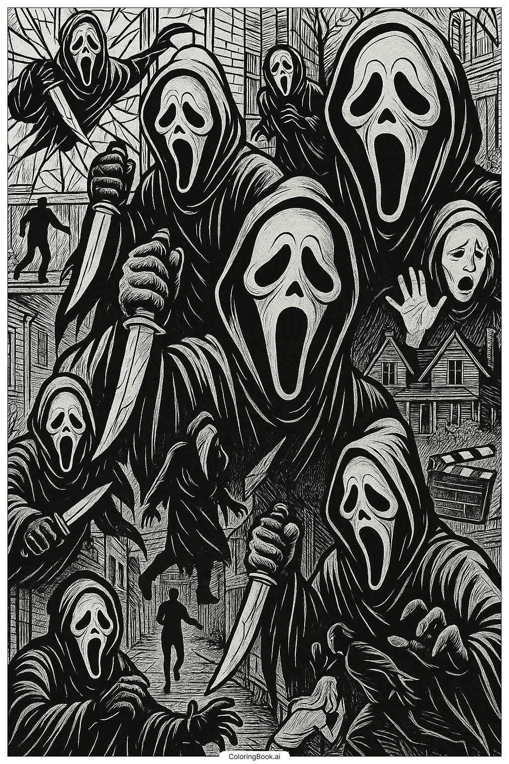  Página para colorear de Un collage detallado de escenas famosas de Ghostface 