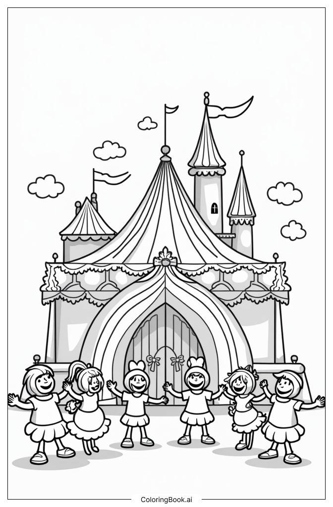  Page de coloriage Carnaval du Royaume Arc-en-Ciel avec des personnages dansants devant le château arc-en-ciel 