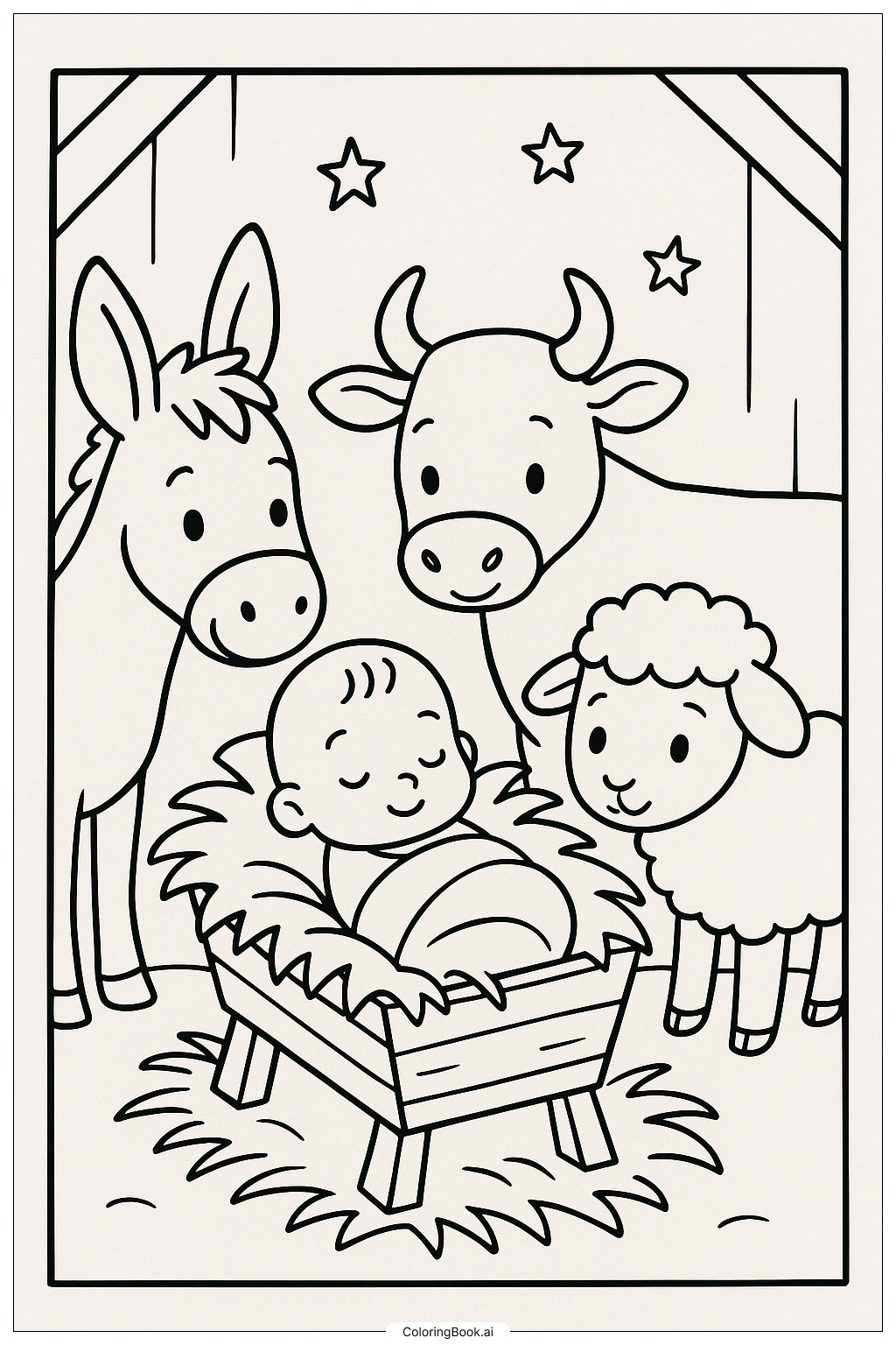  Krippentiere beobachten das Baby Ausmalseite 