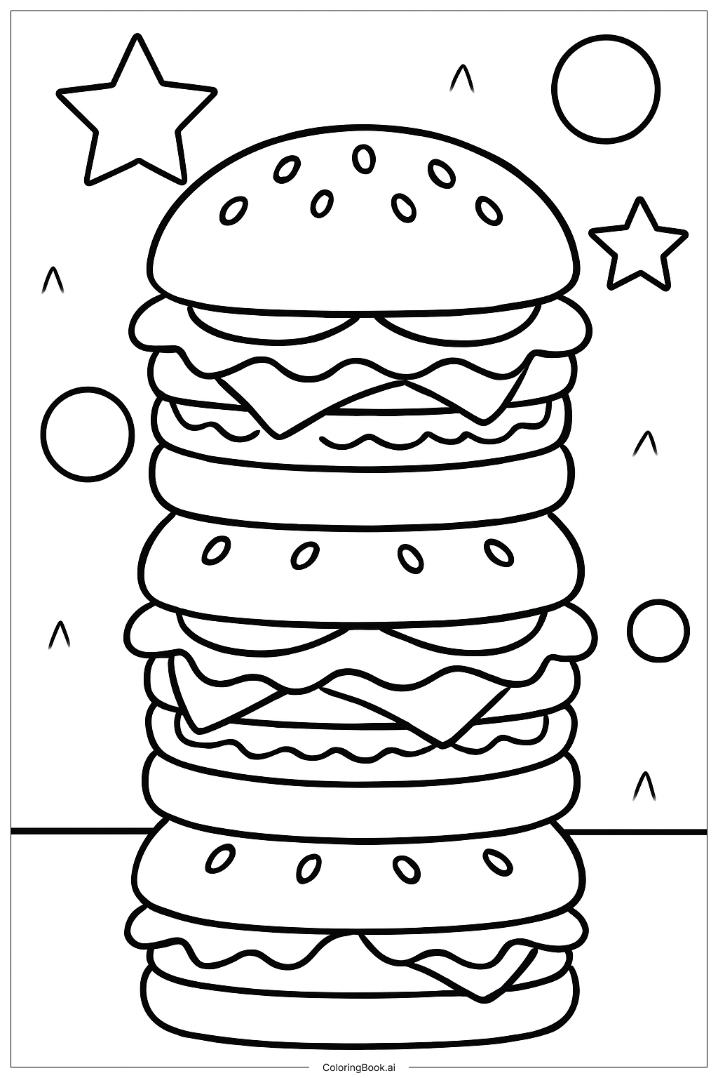  Page de coloriage Une pile de trois hamburgers 