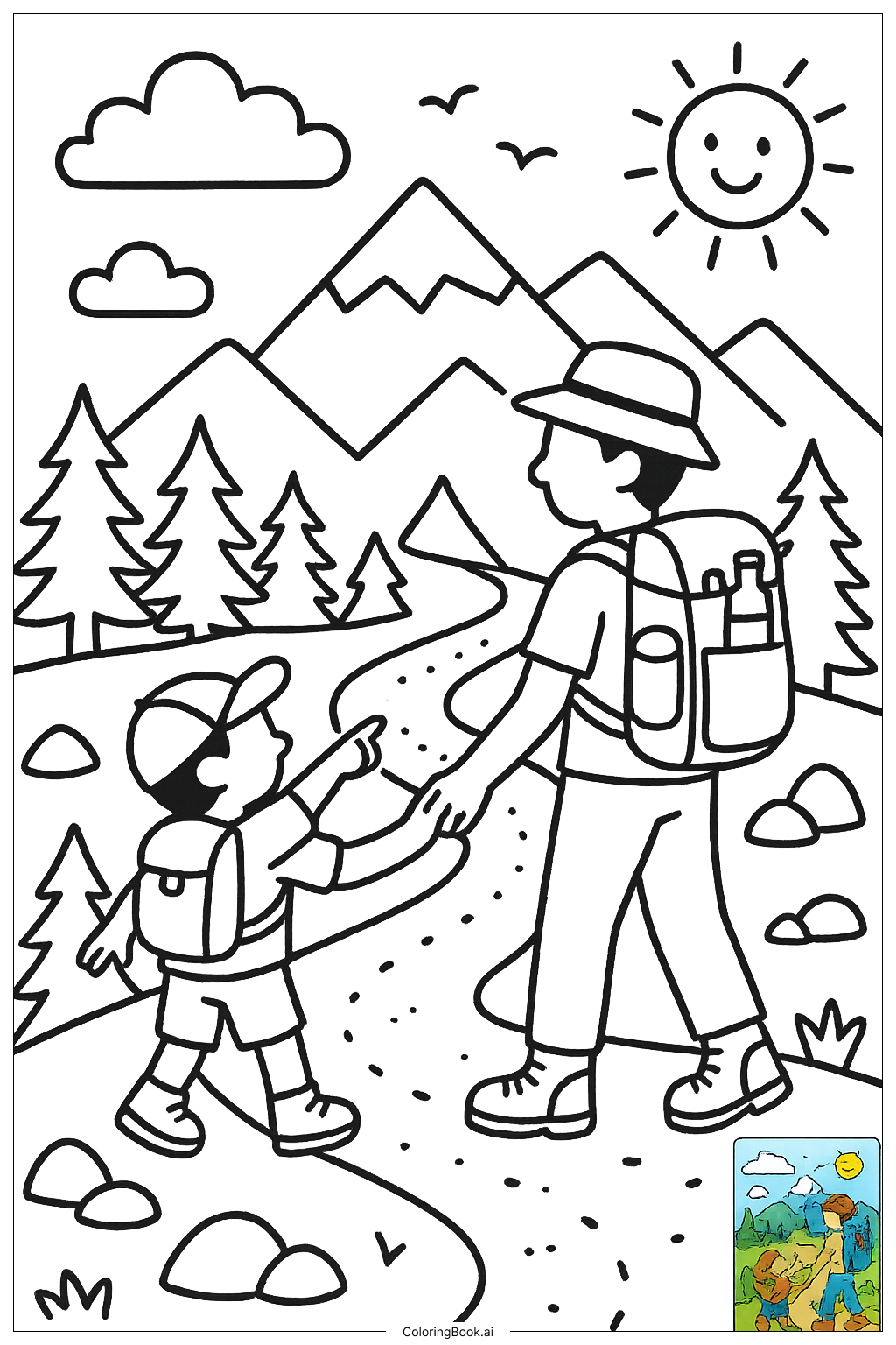  Página para colorir de Caminhada de Dia dos Pais na Trilha da Montanha 