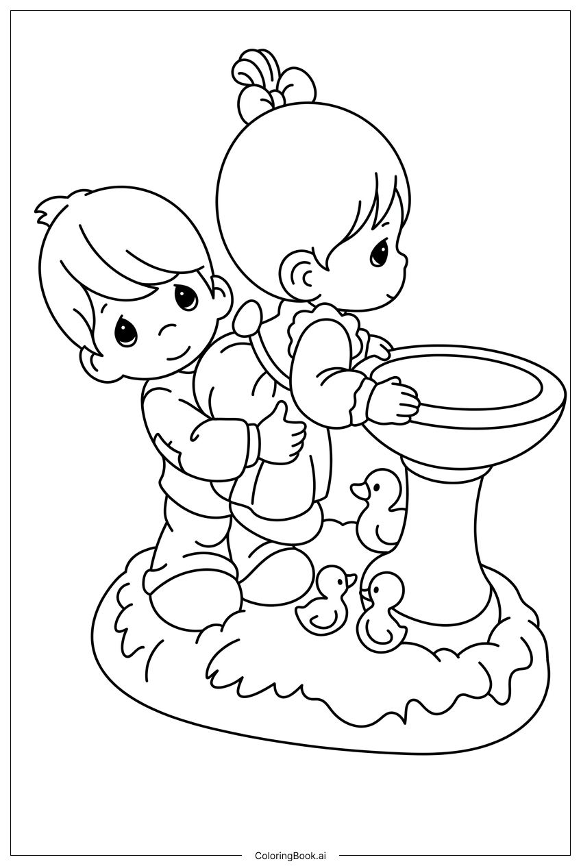  Página para colorear de Preciosos Momentos: niños pequeños exploran patitos en el bebedero de aves 