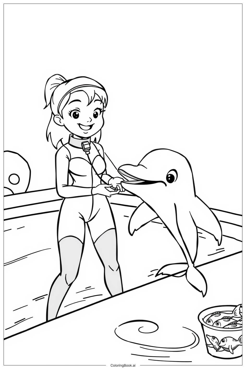  Page de coloriage Entraîneur de dauphins nourrissant les dauphins 