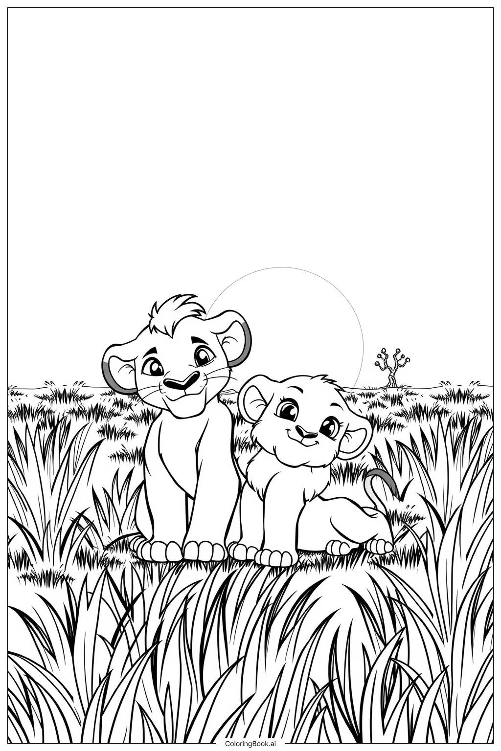  Page de coloriage le roi lion simba et nala dans une scène de coucher de soleil dramatique 