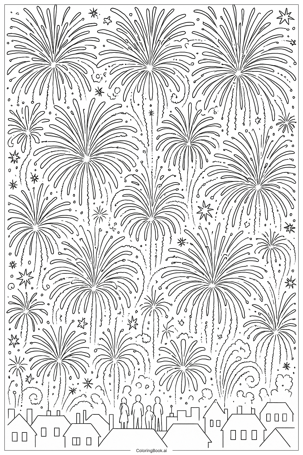 A Full Sky Of Various Fireworks Coloring Page