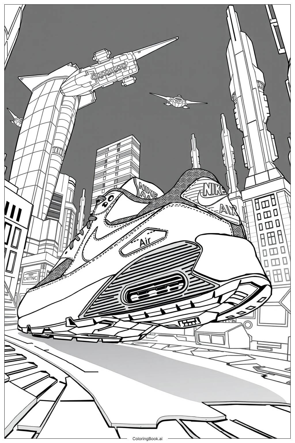  Página para colorir de tênis nike air max em uma paisagem urbana futurista-2 