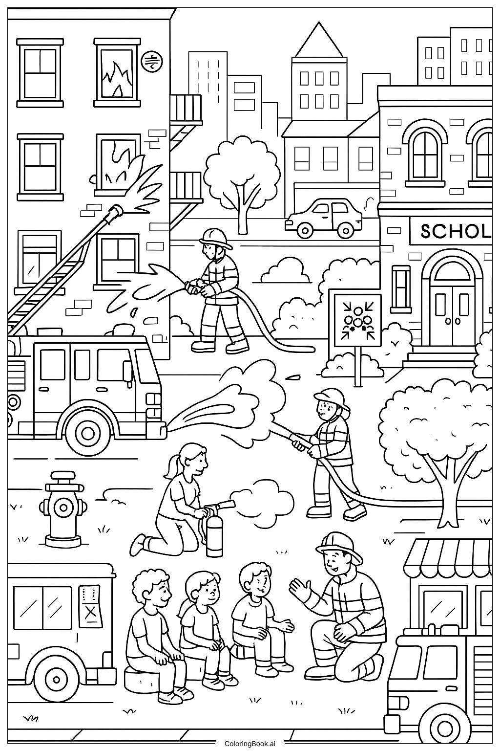 详细城市景象中的消防安全填色页