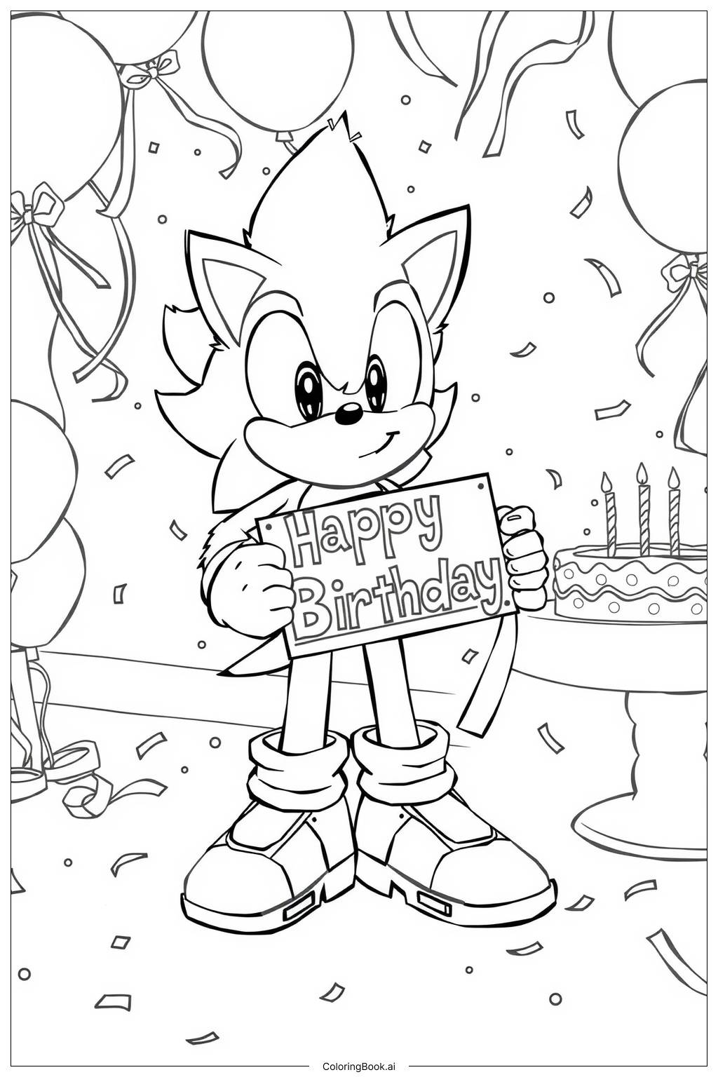  Página para colorir de sonic em pé com uma placa de feliz aniversário-2 