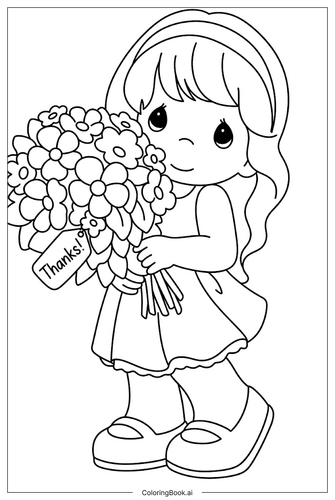  Página para colorear de Niña de Precious Moments ofrece un ramo de flores agradecido 