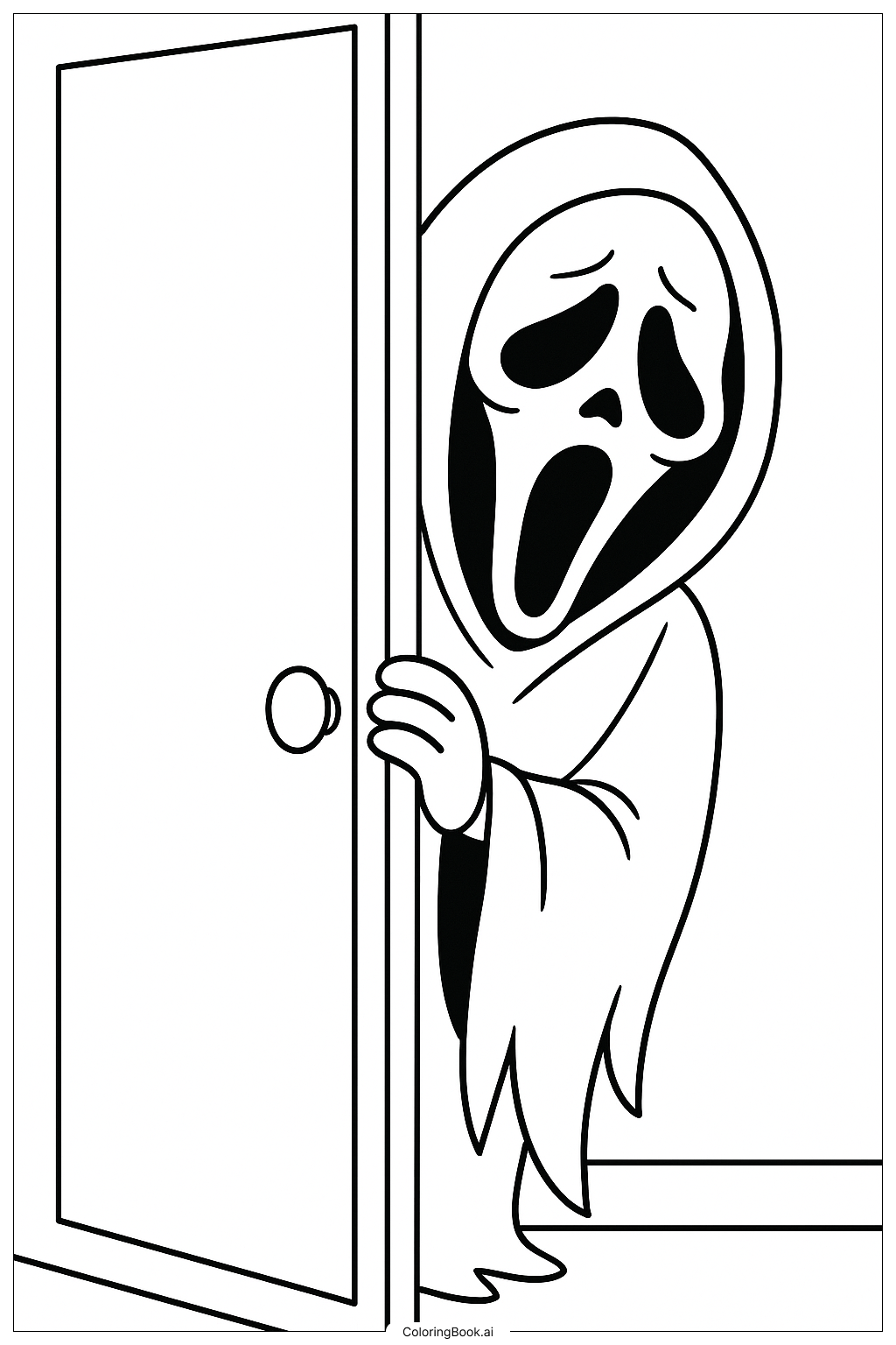  Página para colorear de Ghostface escondido detrás de una puerta 