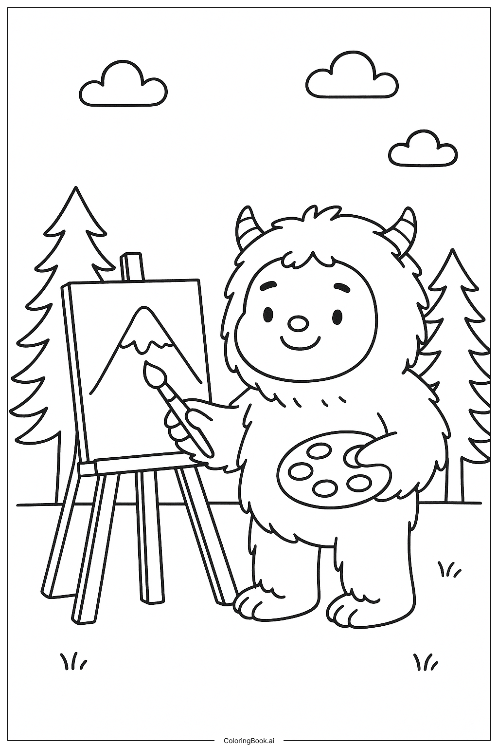  Page de coloriage Un Yéti Peignant un Paysage Montagneux 