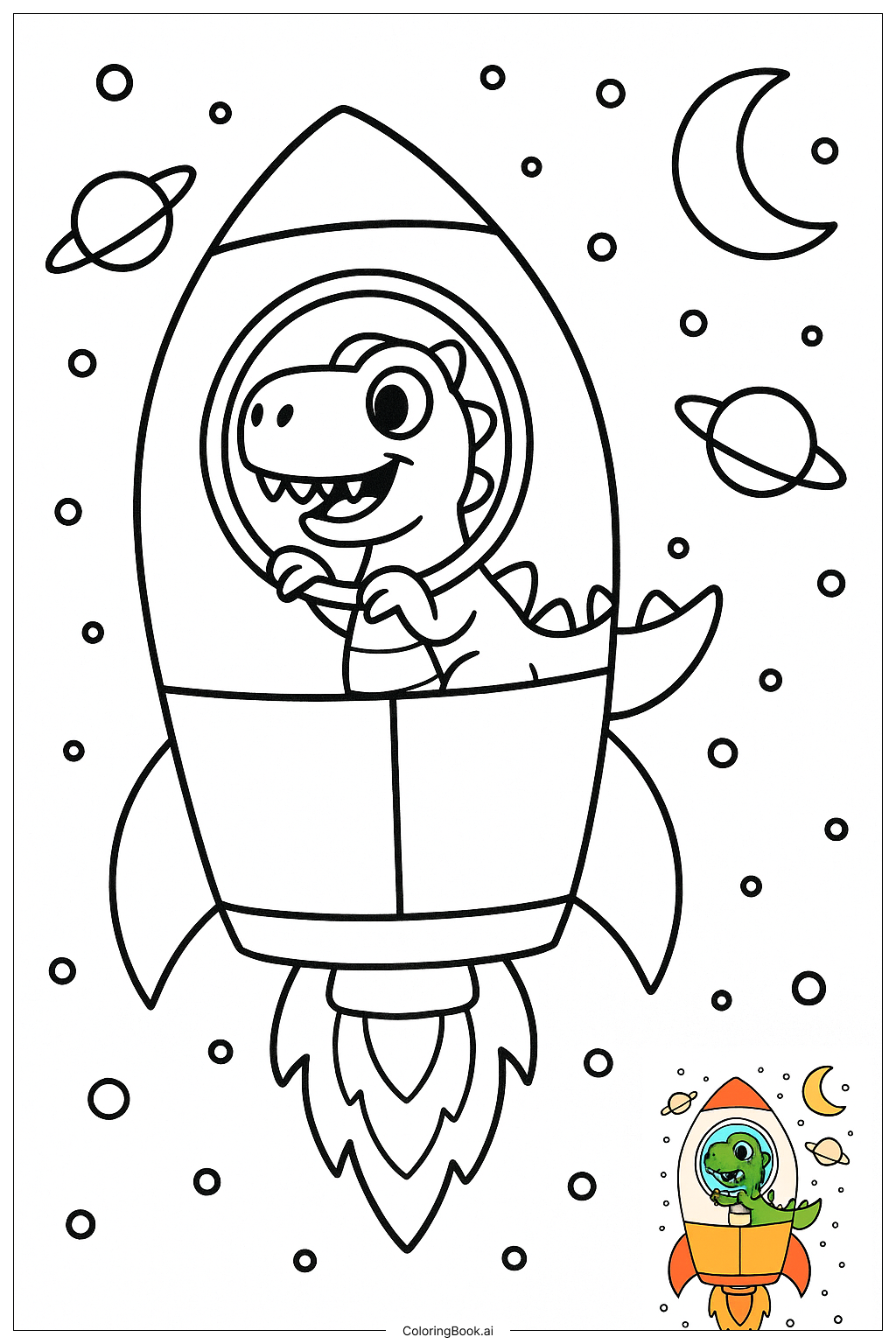  Page de coloriage Dinosaur In Space Rocket 