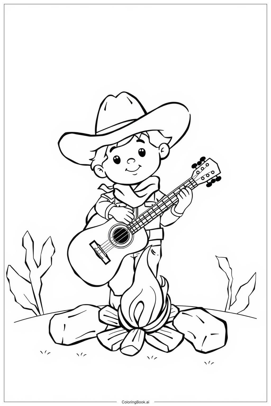  Cowboy with a guitar singing by the campfire Coloring Page 