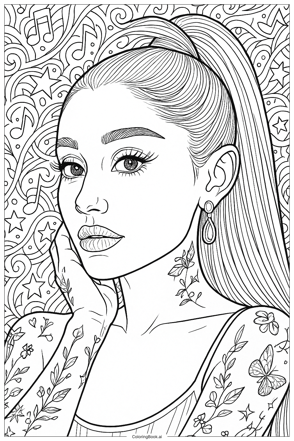 Página para colorear de Primer plano de Ariana Grande con tatuajes detallados 