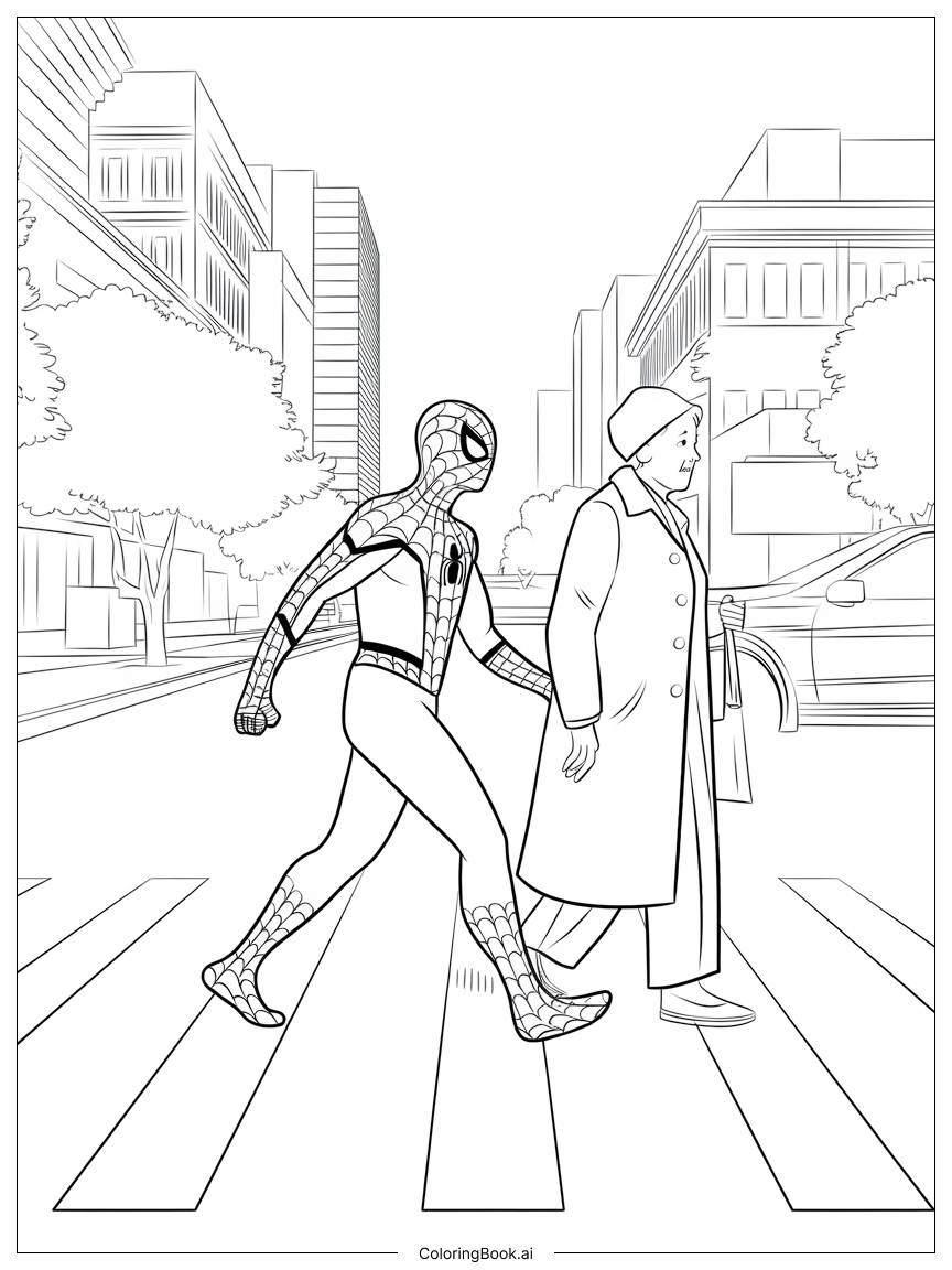  Página para colorear de Spider-Man ayudando a una anciana a cruzar la calle 